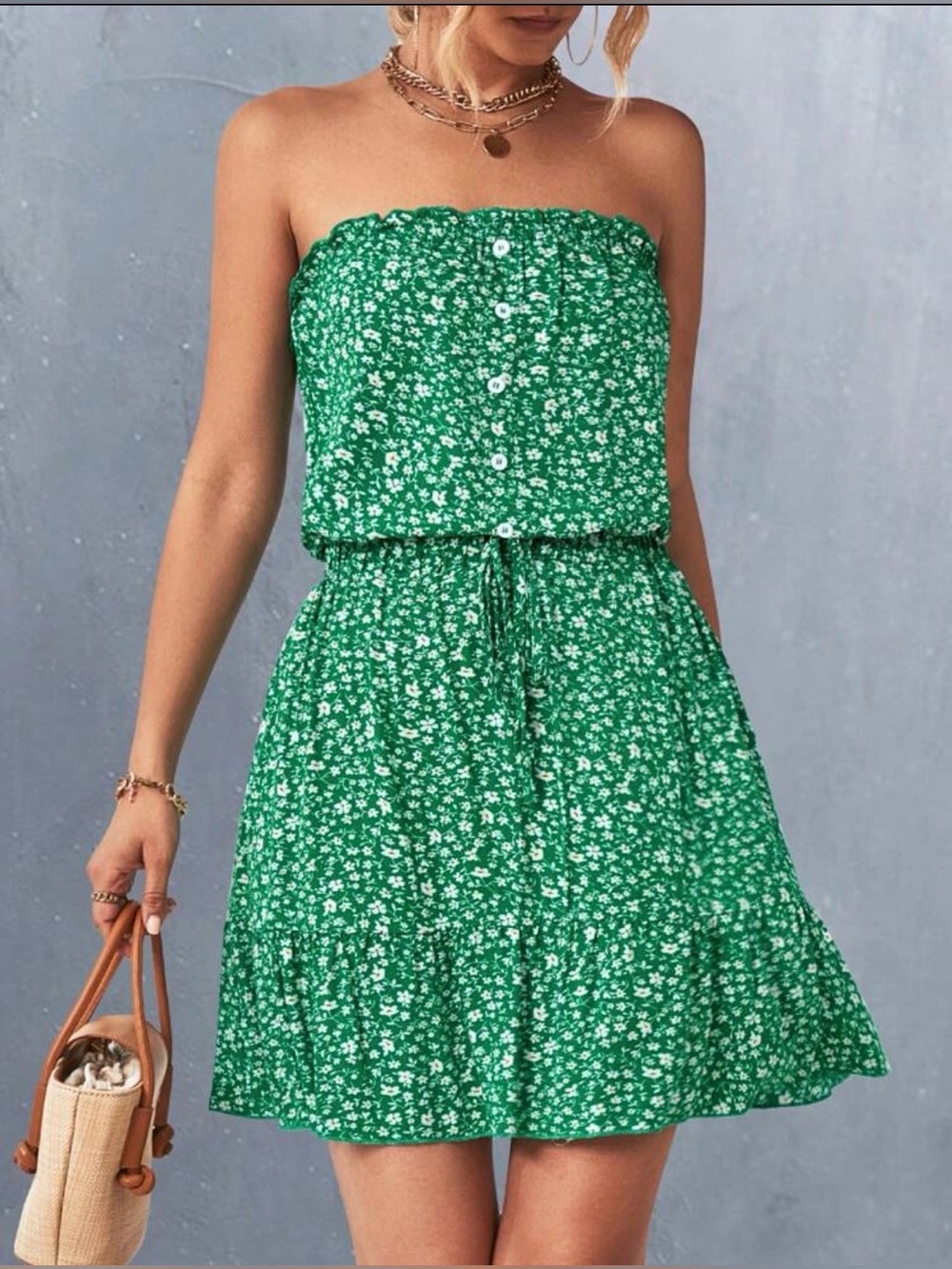 Strapless Green Floral Summer Dress